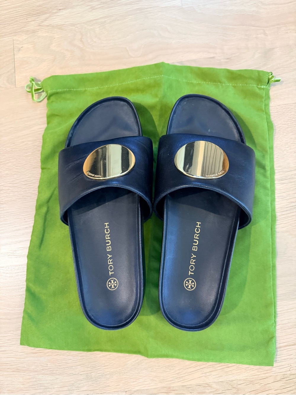 Tory Burch Black Leather Slide Sandals with Gold Medallion
